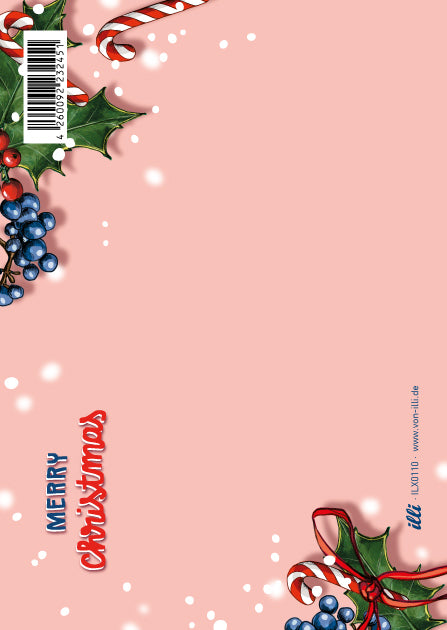 Rückseite der illi Weihnachtskarte TIMGO mit illi Logo und Platz für persönliche Weihnachtsgrüße.