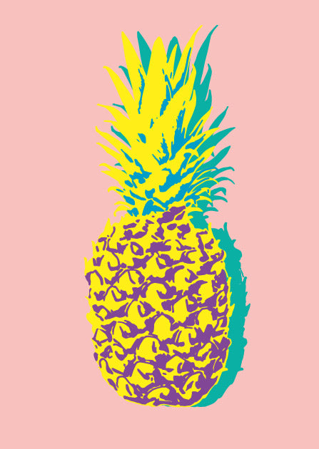 illi Postkarte ANUTA mit grafischer Ananas in Gelb, Türkis und Violett auf rosa Hintergrund