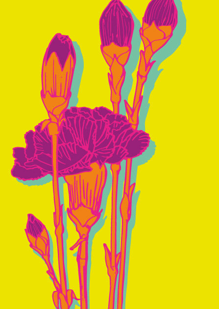 illi Postkarte NELLI mit grafischen Nelken in Pink und Orange auf leuchtend gelbem Hintergrund