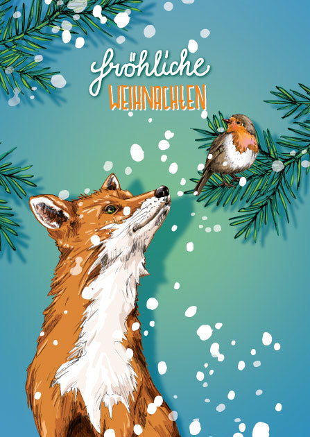 illi Weihnachtskarte mit einem Fuchs, einem Rotkehlchen auf einem Tannenzweig und dem Schriftzug „Fröhliche Weihnachten“.