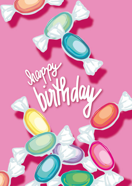 illi Postkarte BONBI mit bunten Bonbons und Happy Birthday Schriftzug