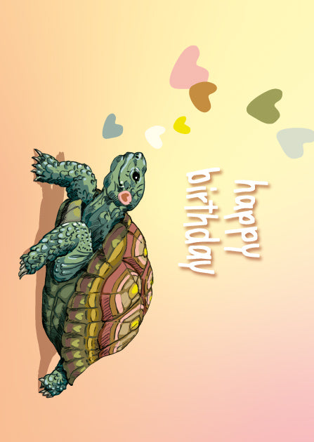 illi Postkarte FINTA mit einer liebevoll illustrierten Schildkröte und bunten Herzen auf hellem Hintergrund.