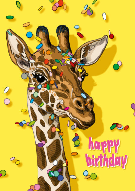 Geburtstagskarte mit einer fröhlichen Giraffe, Konfetti und “Happy Birthday”-Schriftzug