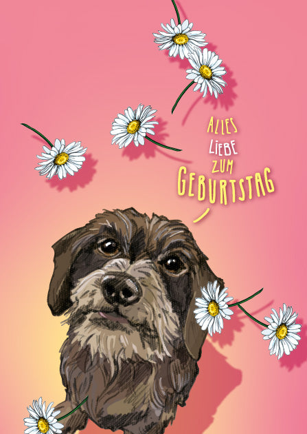 illi Postkarte ROSALI mit einem liebevoll illustrierten Hund, Gänseblümchen und dem Schriftzug „Alles Liebe zum Geburtstag“.