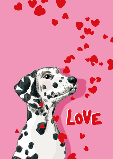illi Postkarte BINU mit Dalmatiner und roten Herzen auf rosa Hintergrund mit Schriftzug Love, erhältlich bei kyute boutique