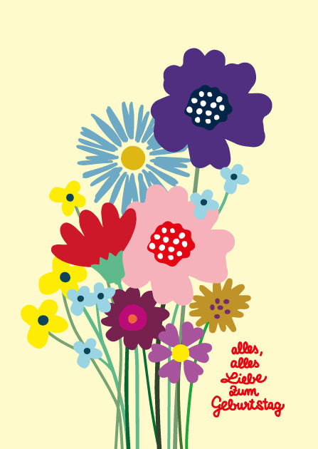 illi Postkarte Blombu mit farbenfrohem Blumenstrauß und Schriftzug alles liebe zum geburtstag