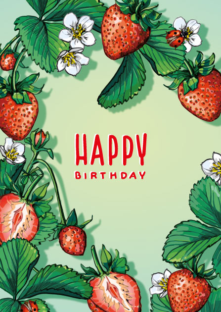 illi Postkarte FRESA mit Erdbeeren, Blüten und Schriftzug Happy Birthday auf grünem Hintergrund, erhältlich bei kyute boutique