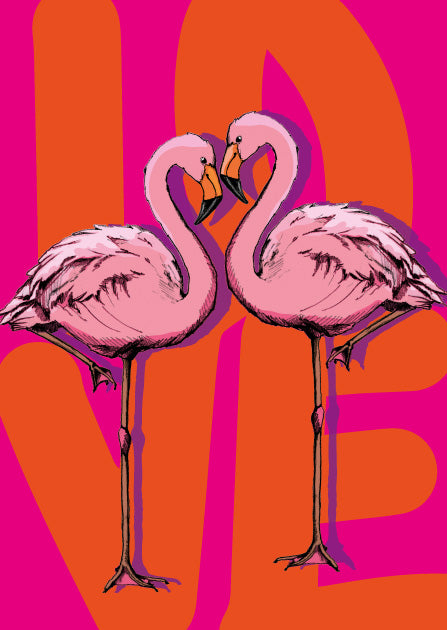 illi Postkarte FIU UND AYA mit zwei Flamingos vor pinkem Hintergrund und Schriftzug LOVE, erhältlich bei kyute boutique
