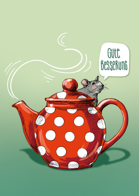 illi Postkarte GUNDI mit kleiner Maus in einer rot gepunkteten Teekanne und dem Schriftzug „Gute Besserung“.