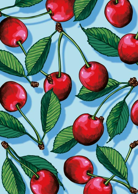 illi Postkarte KISU mit roten Kirschen auf blauem Hintergrund, erhältlich bei kyute boutique