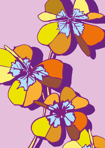 Liebevoll illustrierte illi Postkarte „ONNI“ mit bunten Blumen in Gelb, Orange und Lila auf rosafarbenem Hintergrund.