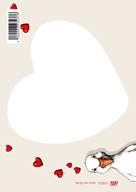 Illustrierte illi Postkarte TIBSA mit einer weißen Ente vor einem Hintergrund aus kleinen roten Herzen.