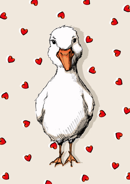 Illustrierte illi Postkarte TIBSA mit einer weißen Ente vor einem Hintergrund aus kleinen roten Herzen.