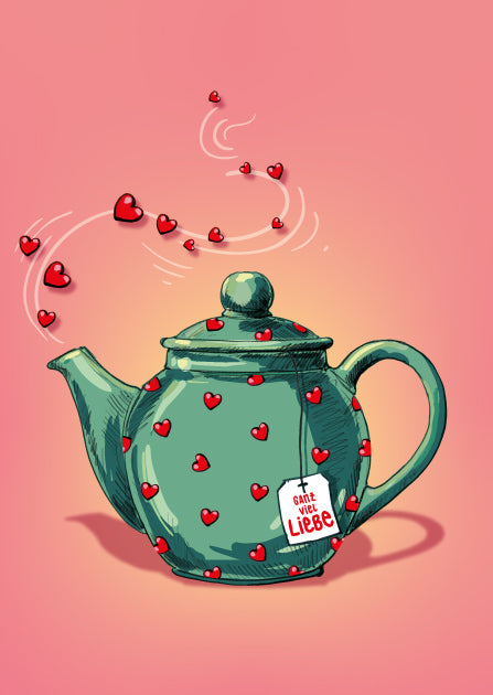Illustrierte illi Postkarte VILI mit grüner Teekanne, kleinen Herzen und dem Schriftzug „Ganz viel Liebe“.