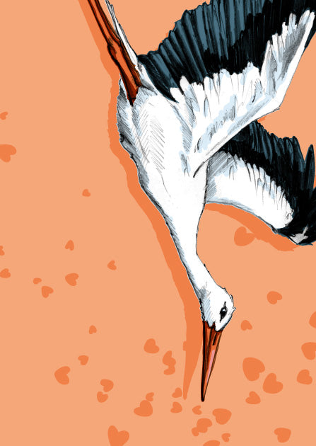illi Postkarte WUKI mit fliegendem Storch und Herzmotiv in moderner Illustration
