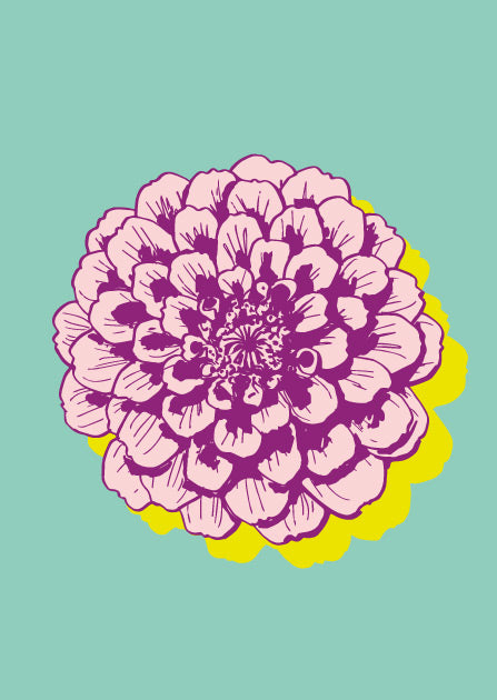 illi Postkarte ZUBI mit grafischer violetter Blume auf mintfarbenem Hintergrund und gelbem Akzent, erhältlich bei kyute boutique
