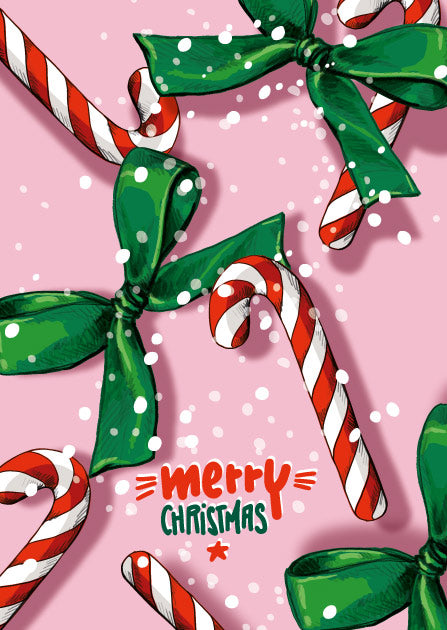 Illustration einer Weihnachtskarte mit rot-weißen Zuckerstangen, grünen Schleifen und Merry Christmas Schriftzug auf rosa Hintergrund.