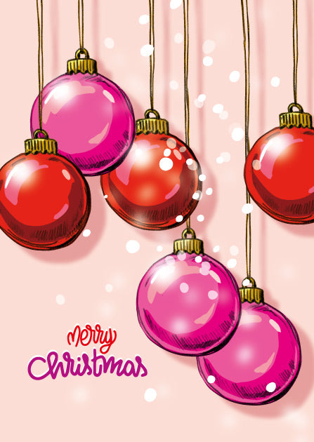 Illustration von glänzenden Weihnachtskugeln in Pink und Rot mit Merry Christmas Schriftzug auf zart rosafarbenem Hintergrund.