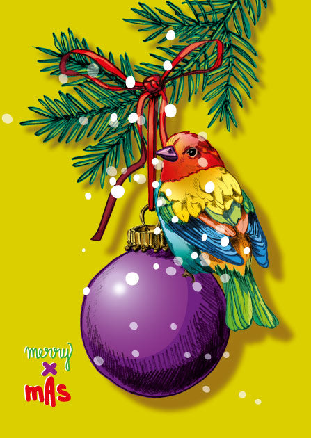Illustration eines bunten Vogels auf einer violetten Weihnachtskugel unter einem Tannenzweig mit Merry Christmas Schriftzug auf gelbem Hintergrund.