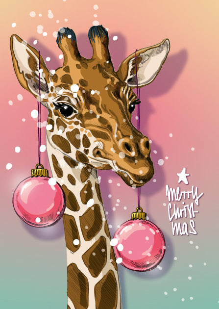 Illustration einer Giraffe mit rosafarbenen Weihnachtskugeln und Merry Christmas Schriftzug auf pastellfarbenem Hintergrund.