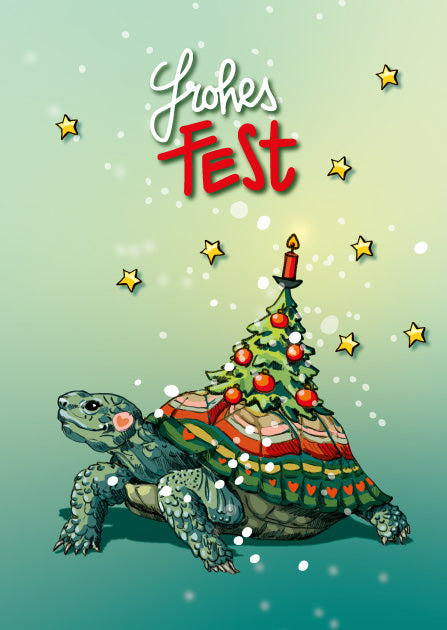 Illustration einer Schildkröte mit geschmücktem Weihnachtsbaum auf dem Panzer und dem Schriftzug „Frohes Fest“ auf grünem Hintergrund.