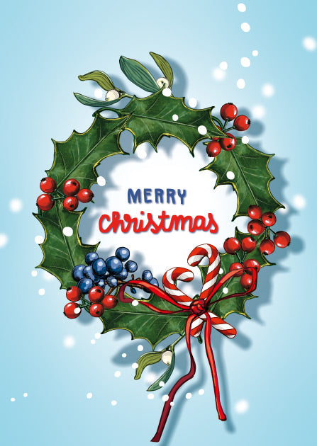 Illustration eines Adventskranzes aus Stechpalme, Mistel und roten Beeren mit dem Schriftzug Merry Christmas auf hellblauem Hintergrund.