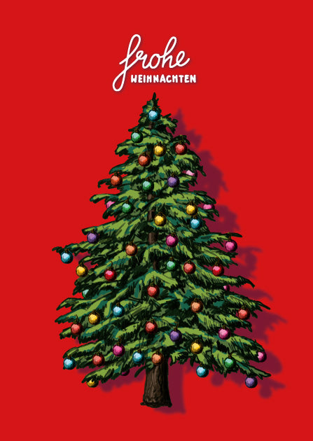 illi Weihnachtskarte TOULUKA mit geschmücktem Weihnachtsbaum und Schriftzug „Frohe Weihnachten“ auf rotem Hintergrund