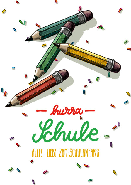illi Postkarte PAARALAN mit bunten Buntstiften und Schriftzug Hurra Schule zur Einschulung